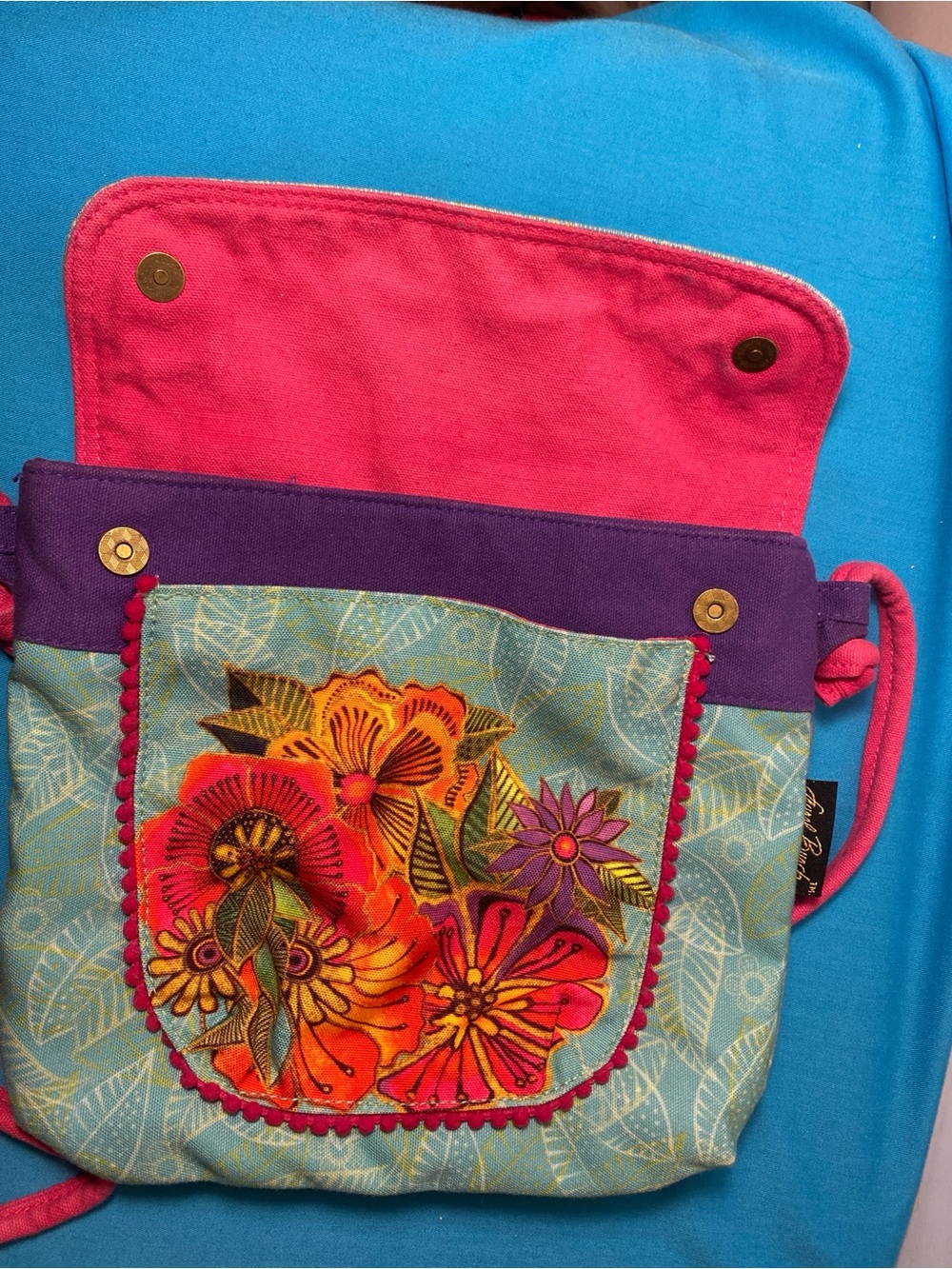 Laurel Burch Turquoise Floral Embroidered Crossbody with Pink Strap